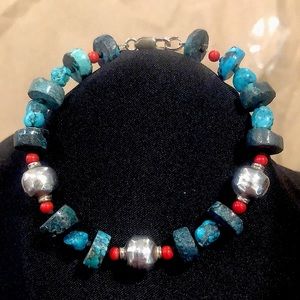 STERLING SILVER and TURQUOISE Rustic Bracelet with Lobster a Clasp